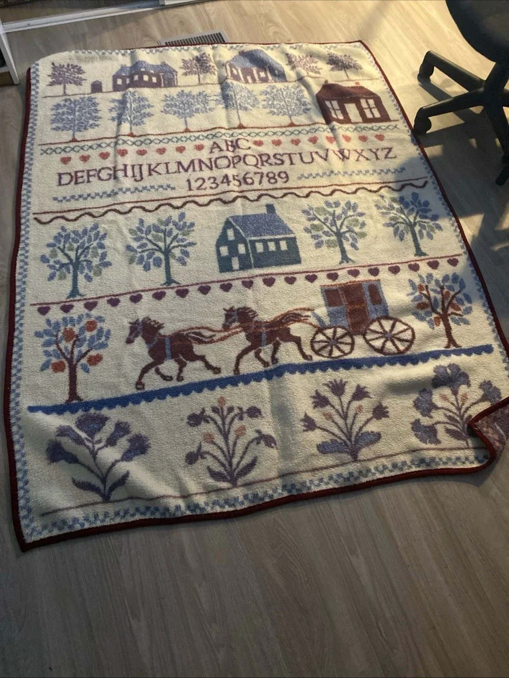 Cozy Cream Country Sampler Throw Blanket with Burgundy Accents